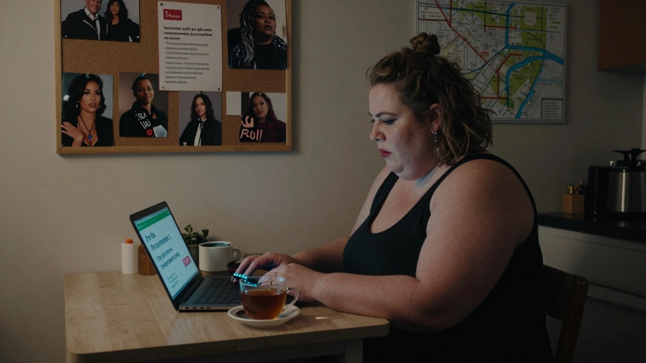 A fat sex worker typing an ad on a laptop in her kitchen, tea beside her, safety notes visible on the wall.