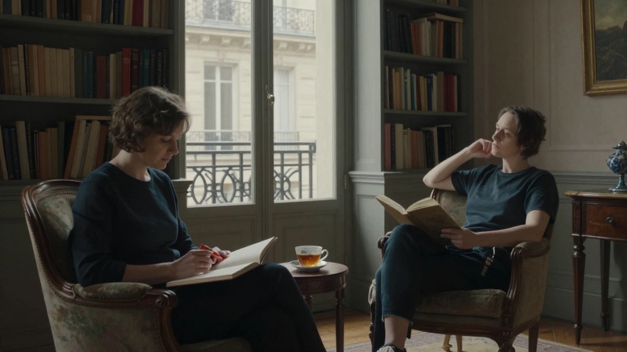 A quiet apartment interior with books and natural light, two people sharing a silent moment.