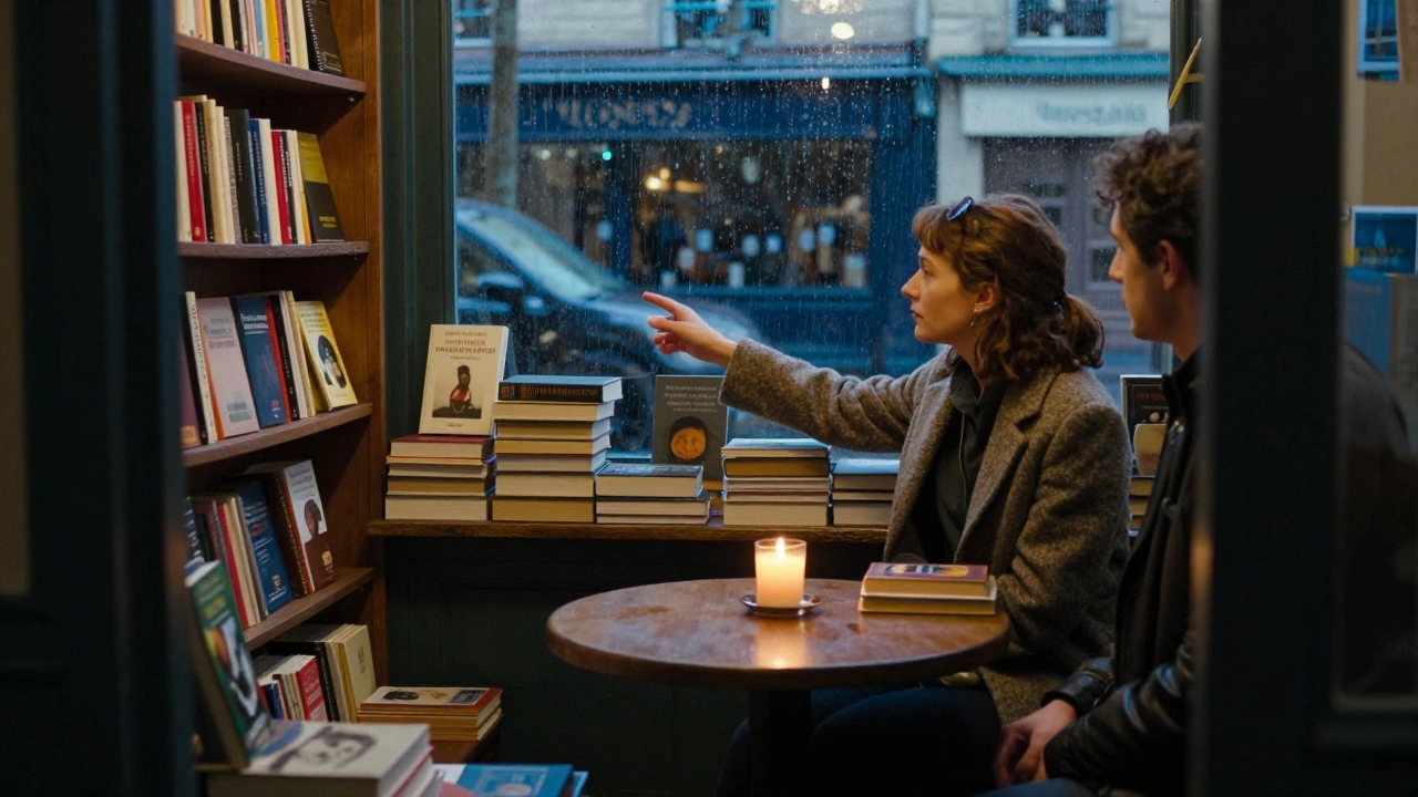 A woman showing a book to a client in a cozy Parisian bookshop at twilight.