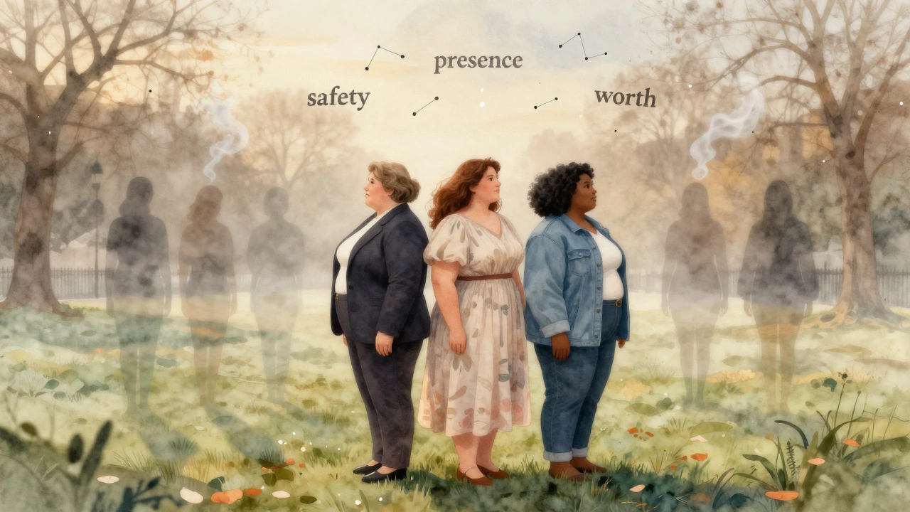 Three fat women standing together in a misty park, dissolving stereotypes around them, glowing words floating above.